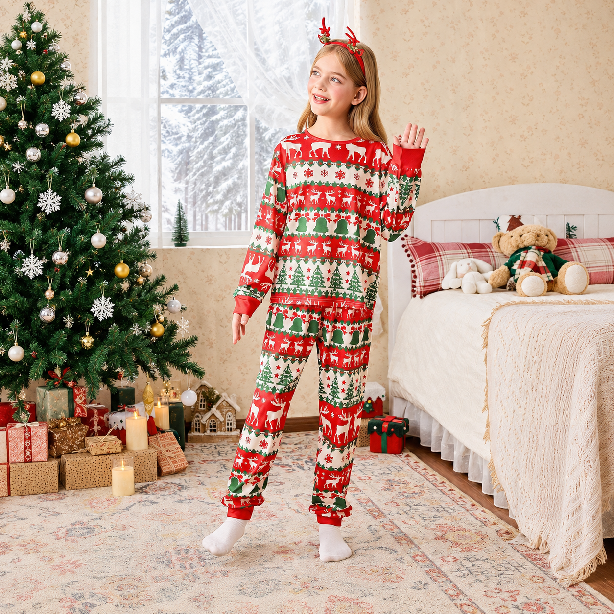 2 Piece Christmas Pajama Set with Long Sleeve Top and Pants for Girls