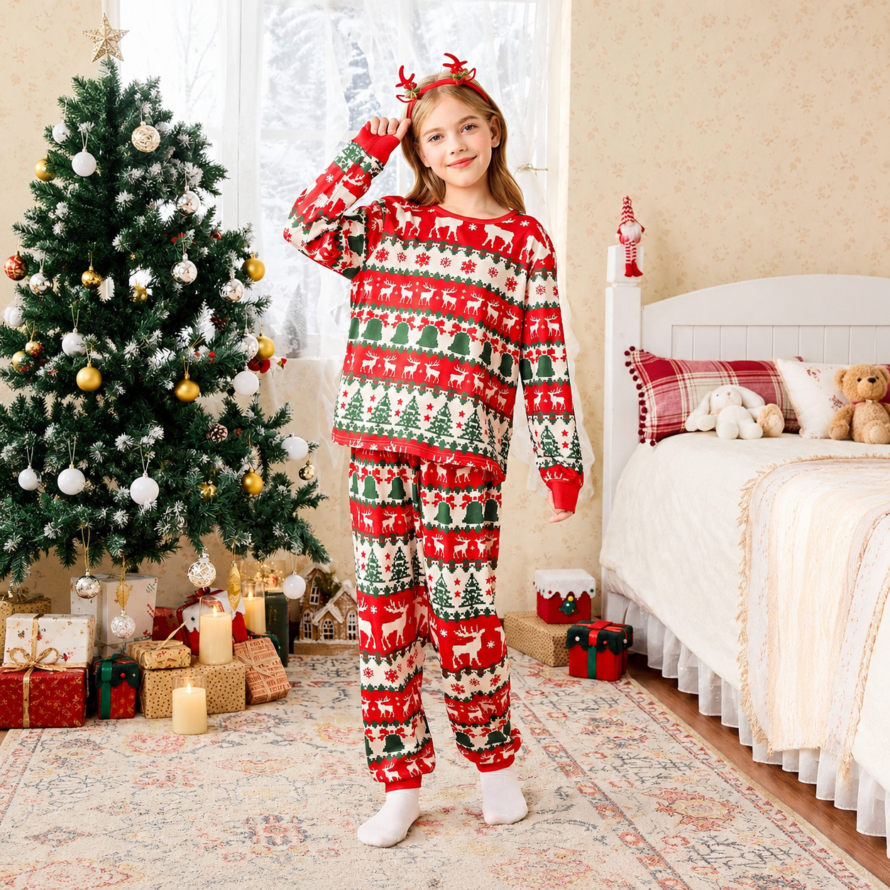 2 Piece Christmas Pajama Set with Long Sleeve Top and Pants for Girls