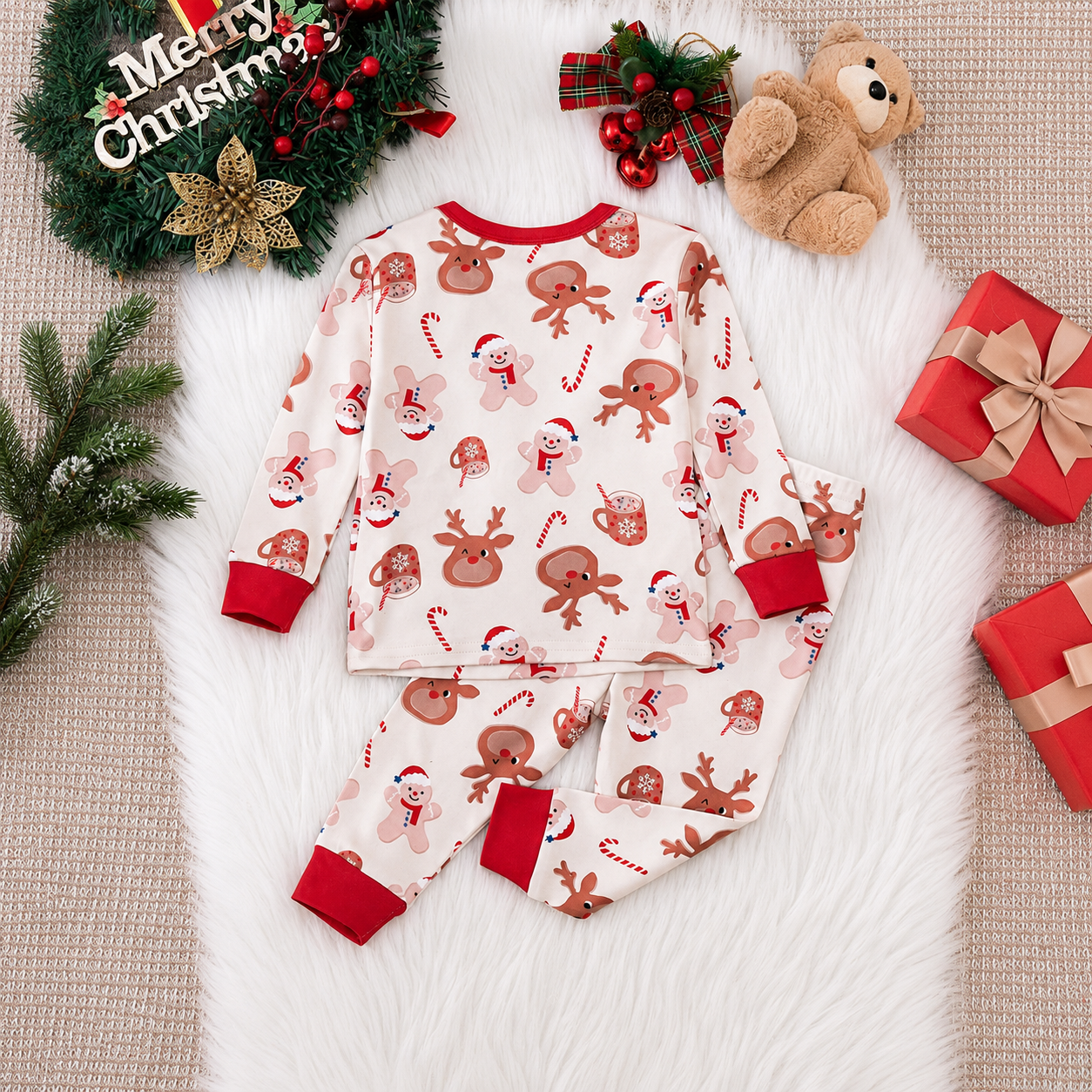 Reindeer and Gingerbread Print 2 Piece Christmas Pajama Set for Boys