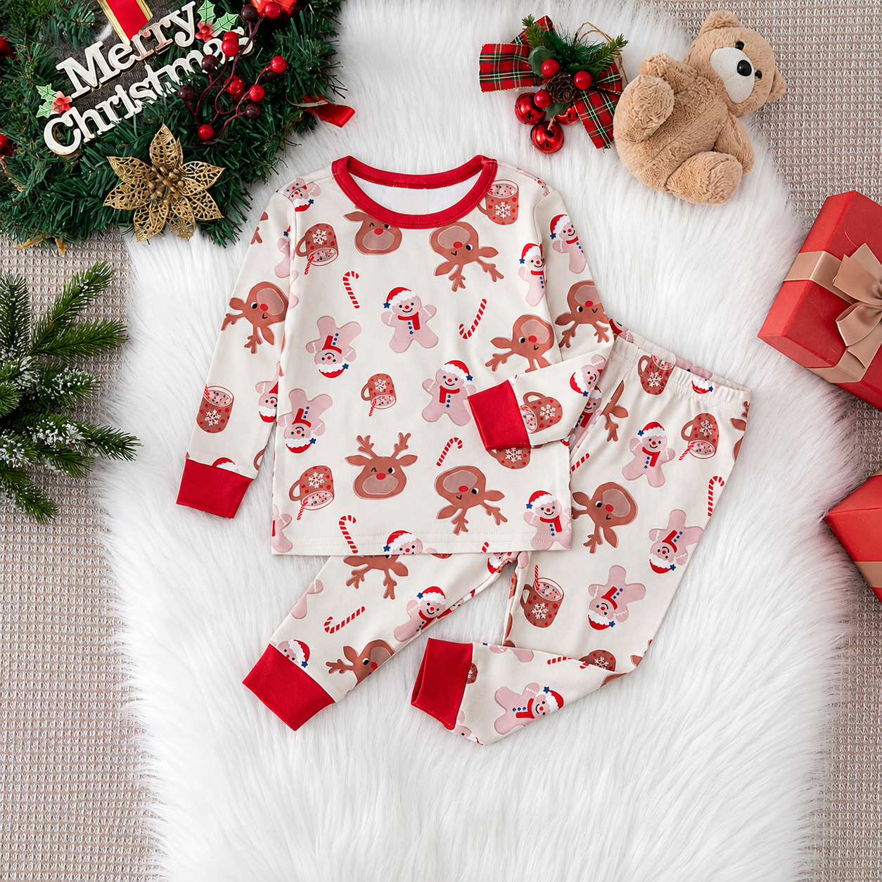Reindeer and Gingerbread Print 2 Piece Christmas Pajama Set for Boys