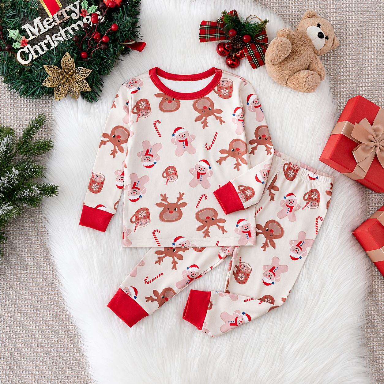 Reindeer and Gingerbread Print 2 Piece Christmas Pajama Set for Boys