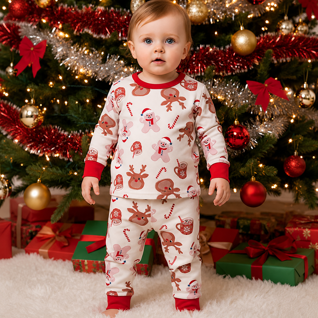 Reindeer and Gingerbread Print 2 Piece Christmas Pajama Set for Boys