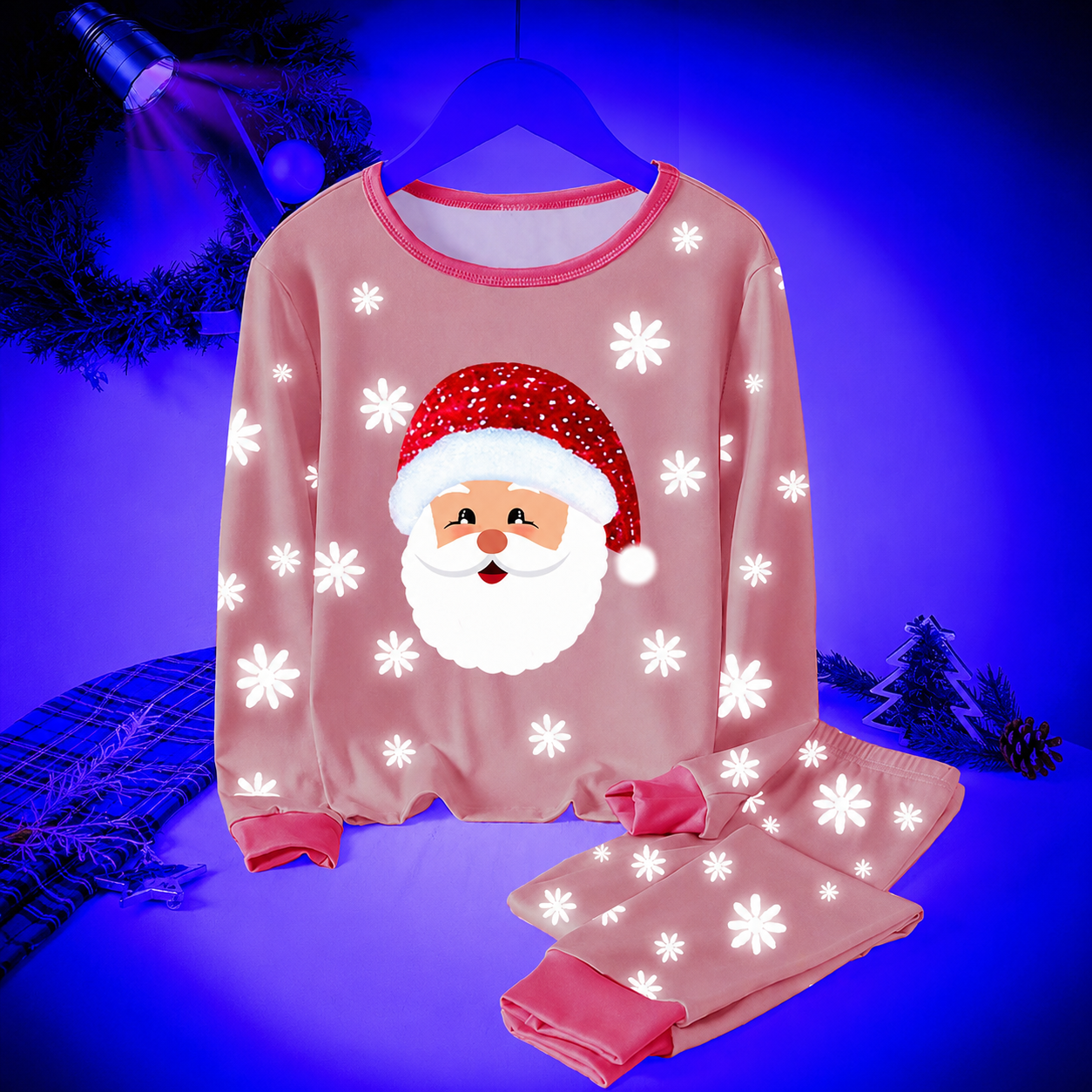 Santa and Snowflake Print 2 Piece Christmas Pajama Set for Tween Girls