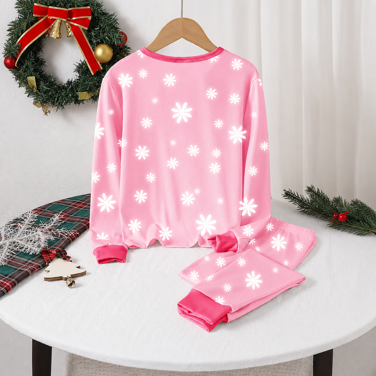 Santa and Snowflake Print 2 Piece Christmas Pajama Set for Tween Girls