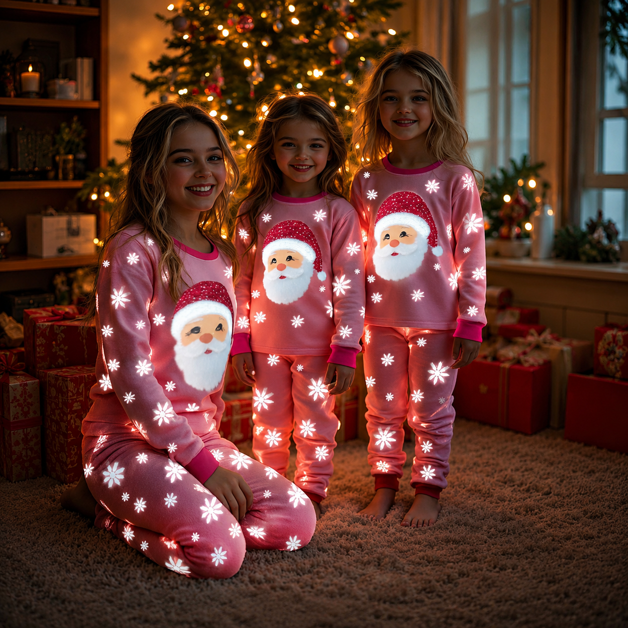 Santa and Snowflake Print 2 Piece Christmas Pajama Set for Tween Girls