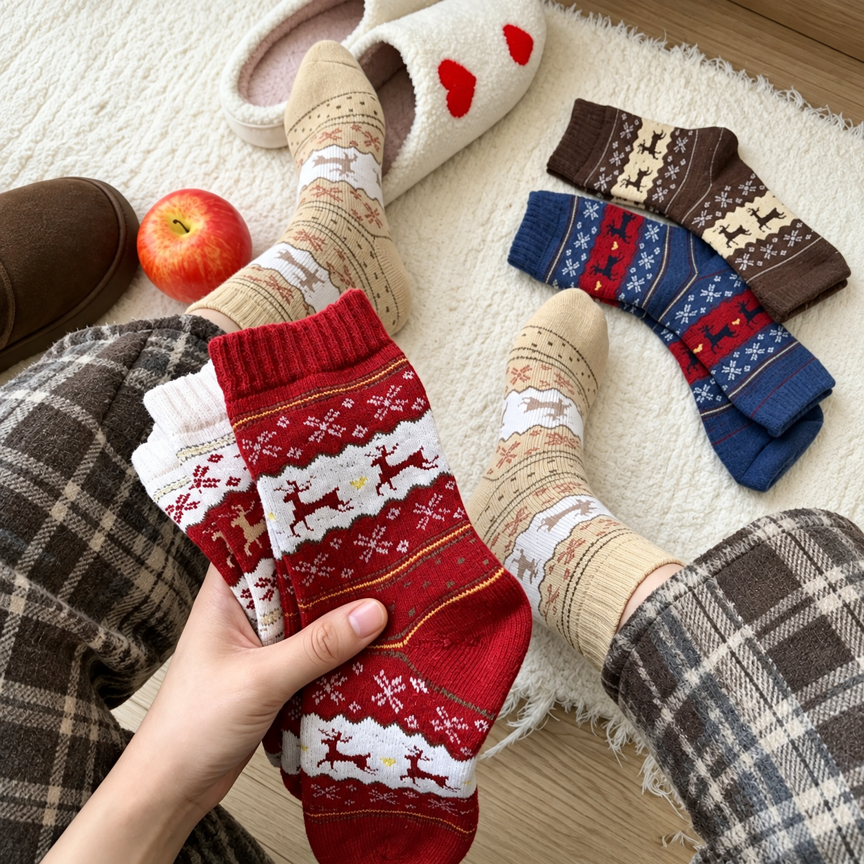 Mid Calf Reindeer Print Ski Socks For Women