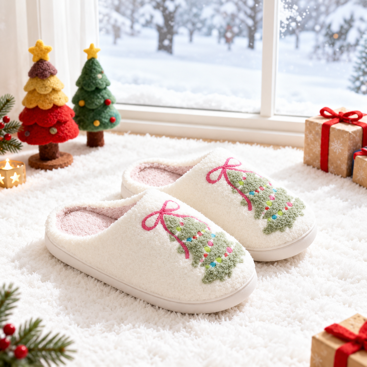 Christmas Gingerbread Plush Anti Slip Warm Slippers