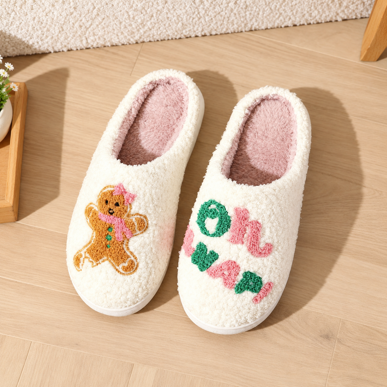 Christmas Gingerbread Plush Anti Slip Warm Slippers