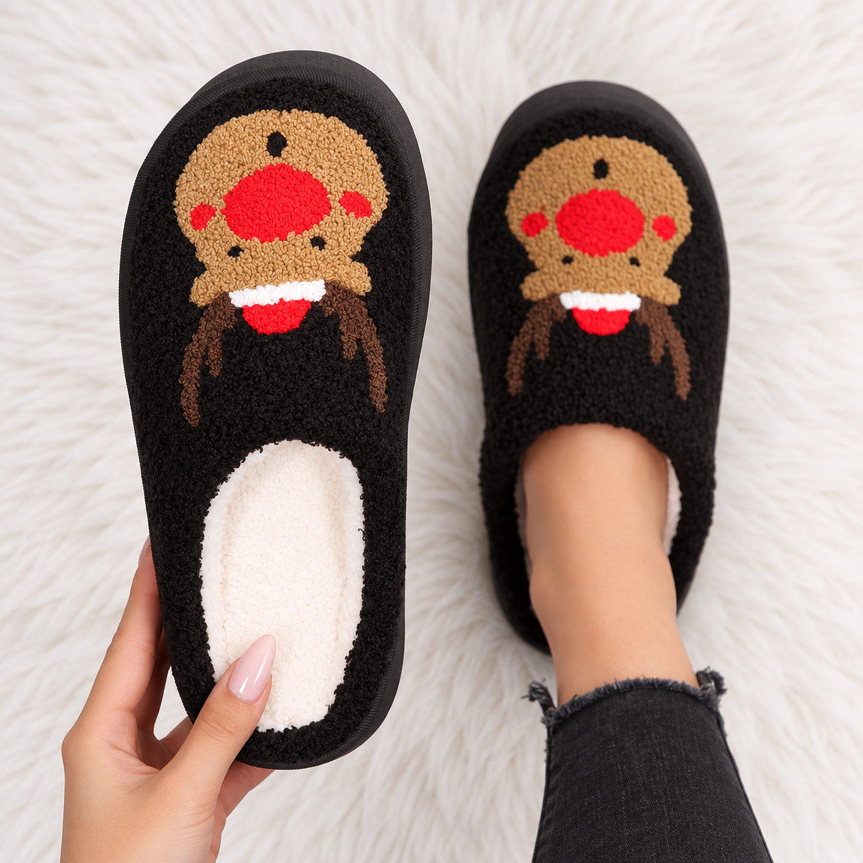 Christmas Reindeer Embroidered Fluffy Fleece Platform House Slippers