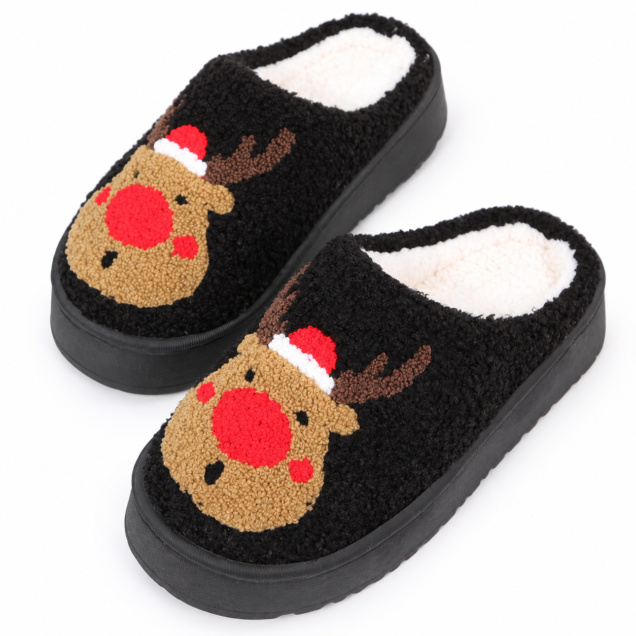 Christmas Reindeer Embroidered Fluffy Fleece Platform House Slippers