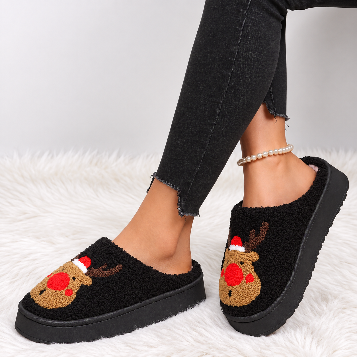 Christmas Reindeer Embroidered Fluffy Fleece Platform House Slippers