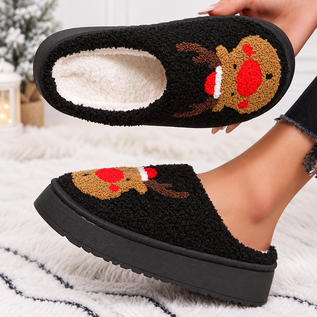 Christmas Reindeer Embroidered Fluffy Fleece Platform House Slippers