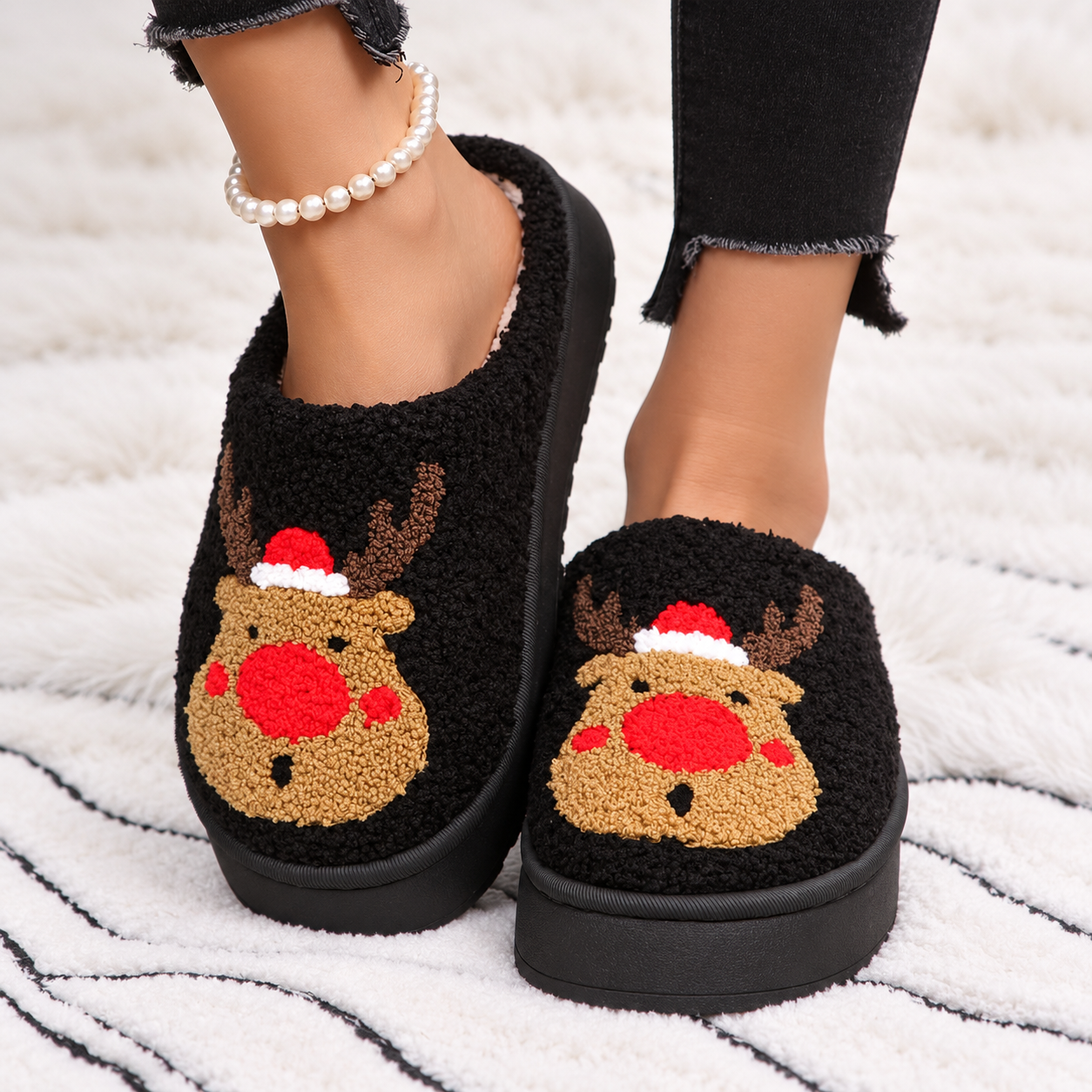 Christmas Reindeer Embroidered Fluffy Fleece Platform House Slippers
