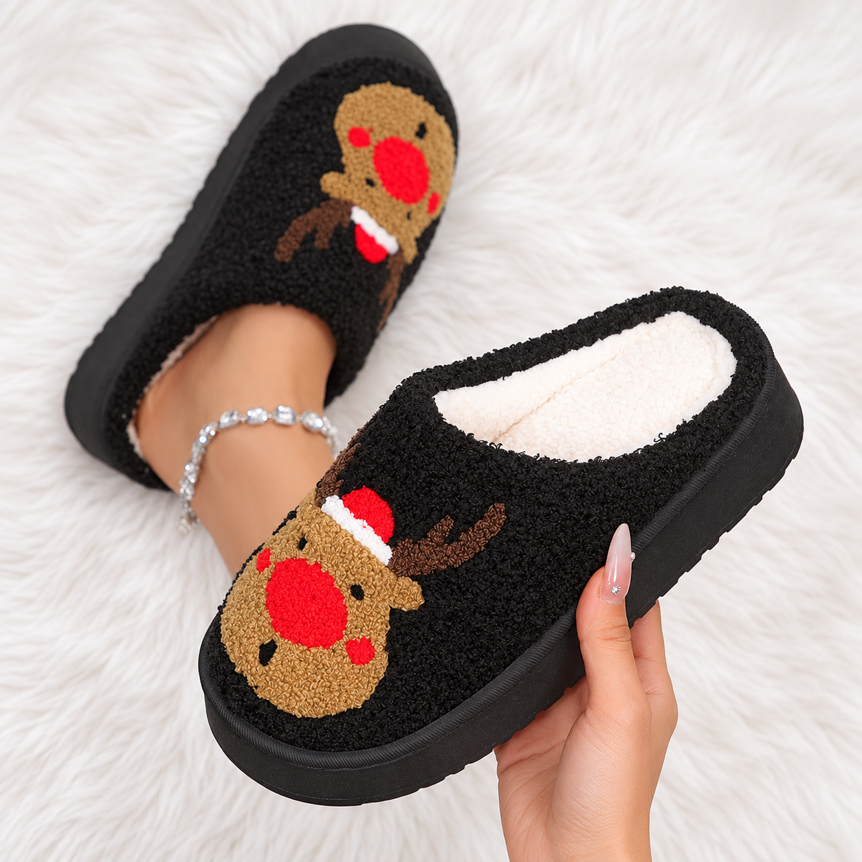 Christmas Reindeer Embroidered Fluffy Fleece Platform House Slippers