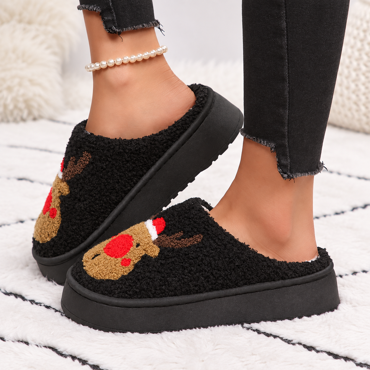 Christmas Reindeer Embroidered Fluffy Fleece Platform House Slippers