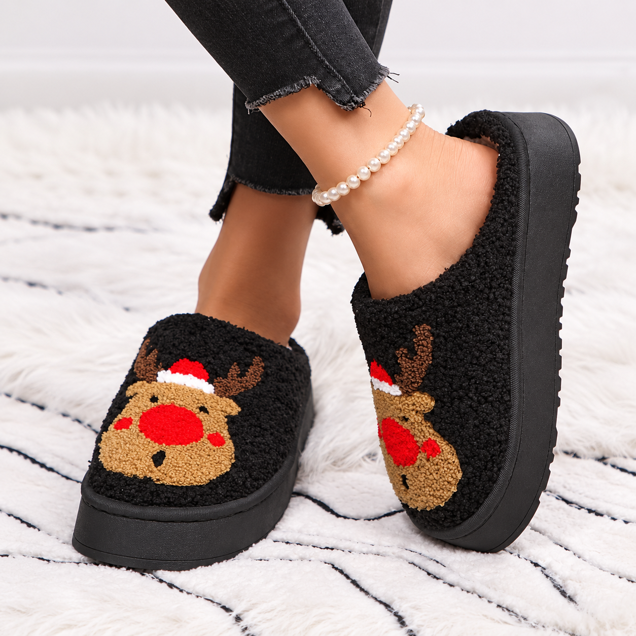 Christmas Reindeer Embroidered Fluffy Fleece Platform House Slippers