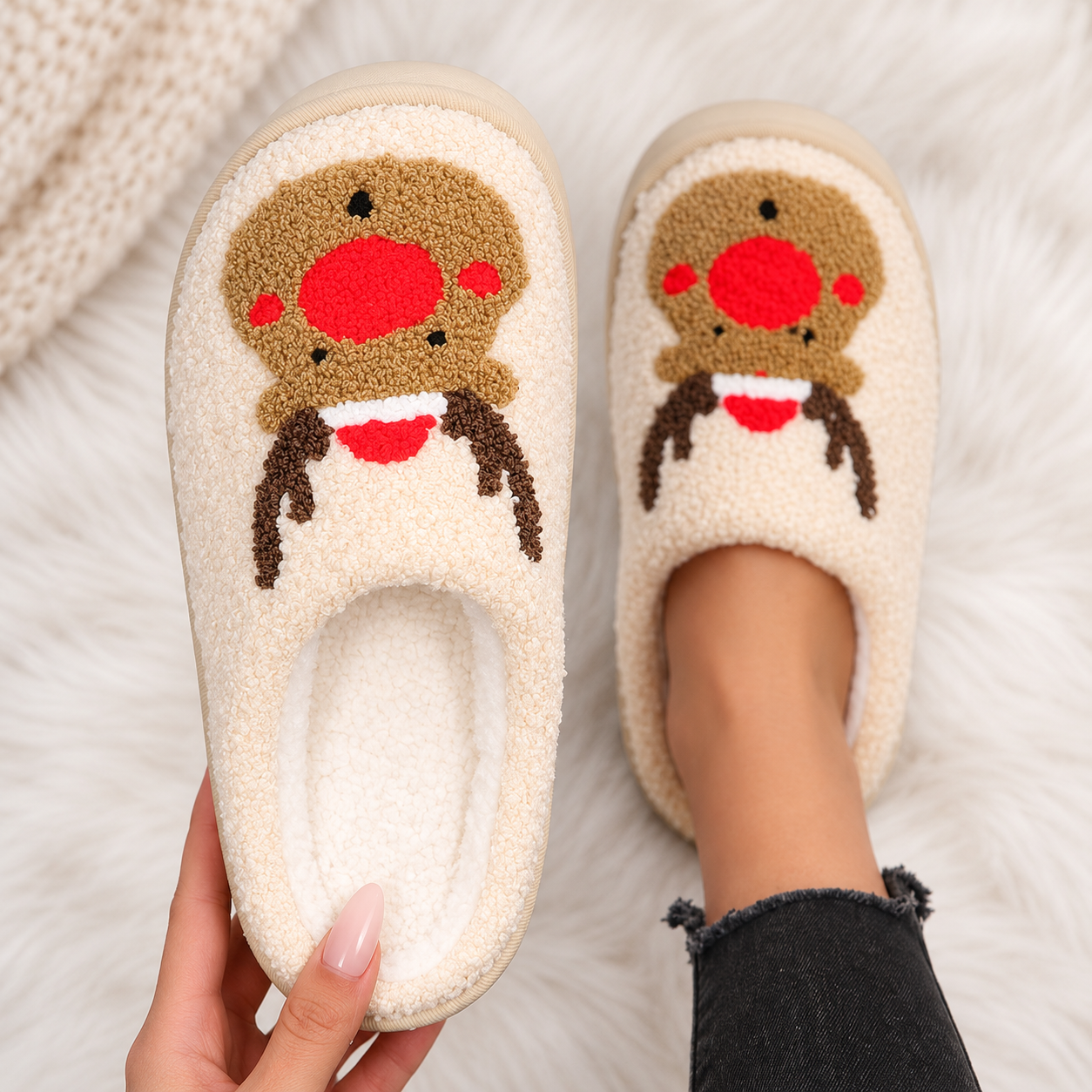 Christmas Reindeer Embroidered Fluffy Fleece Platform House Slippers