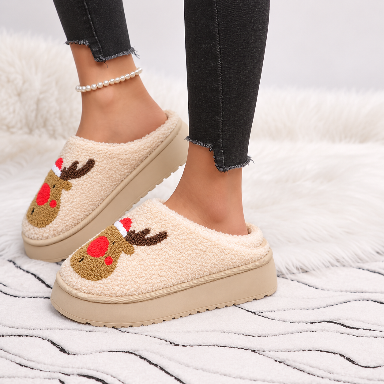 Christmas Reindeer Embroidered Fluffy Fleece Platform House Slippers