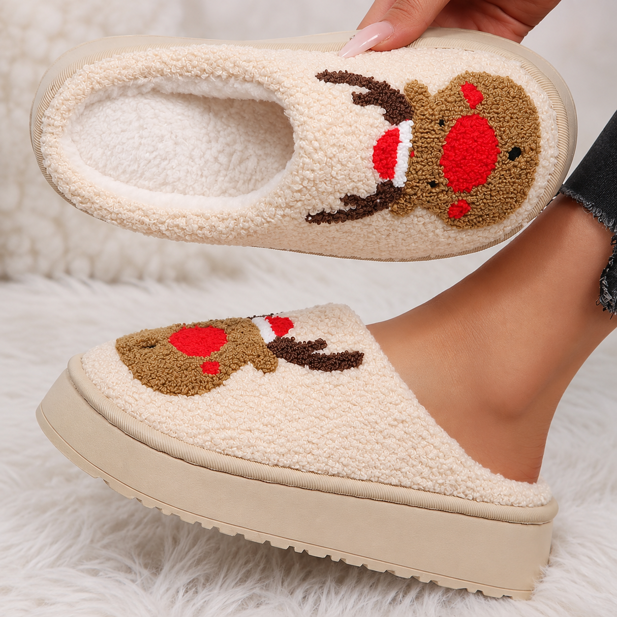 Christmas Reindeer Embroidered Fluffy Fleece Platform House Slippers