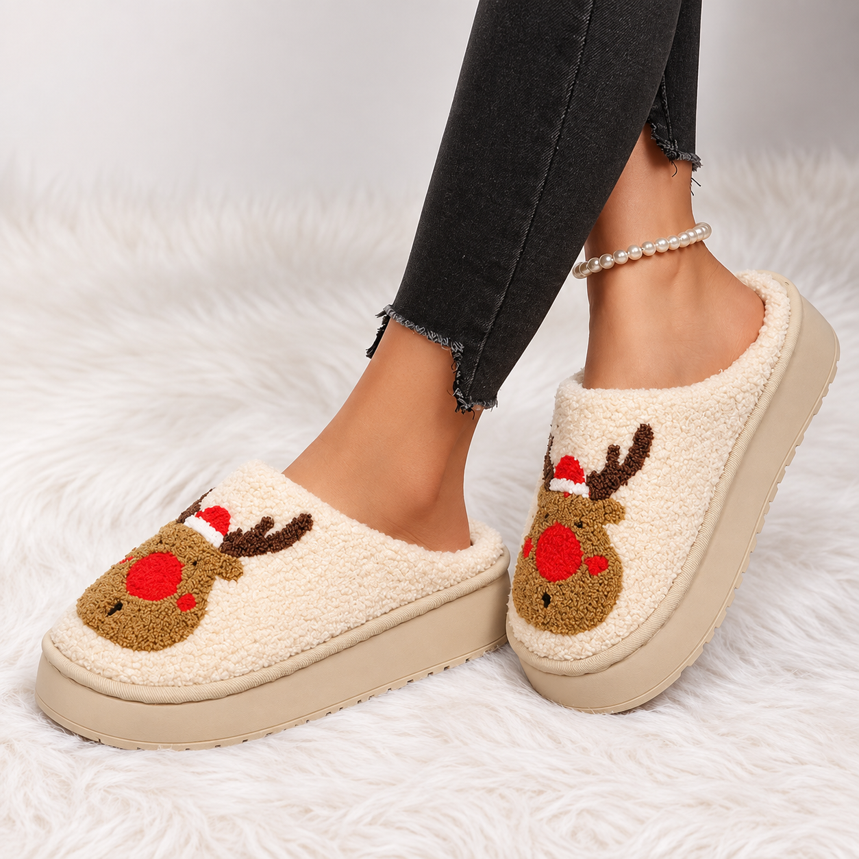 Christmas Reindeer Embroidered Fluffy Fleece Platform House Slippers