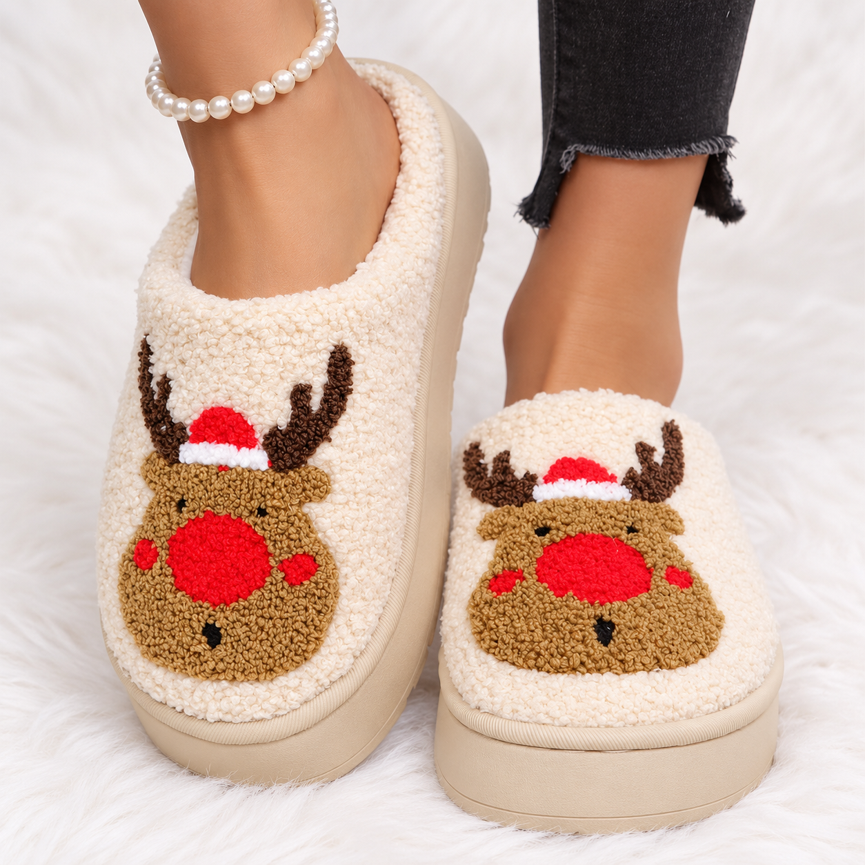 Christmas Reindeer Embroidered Fluffy Fleece Platform House Slippers