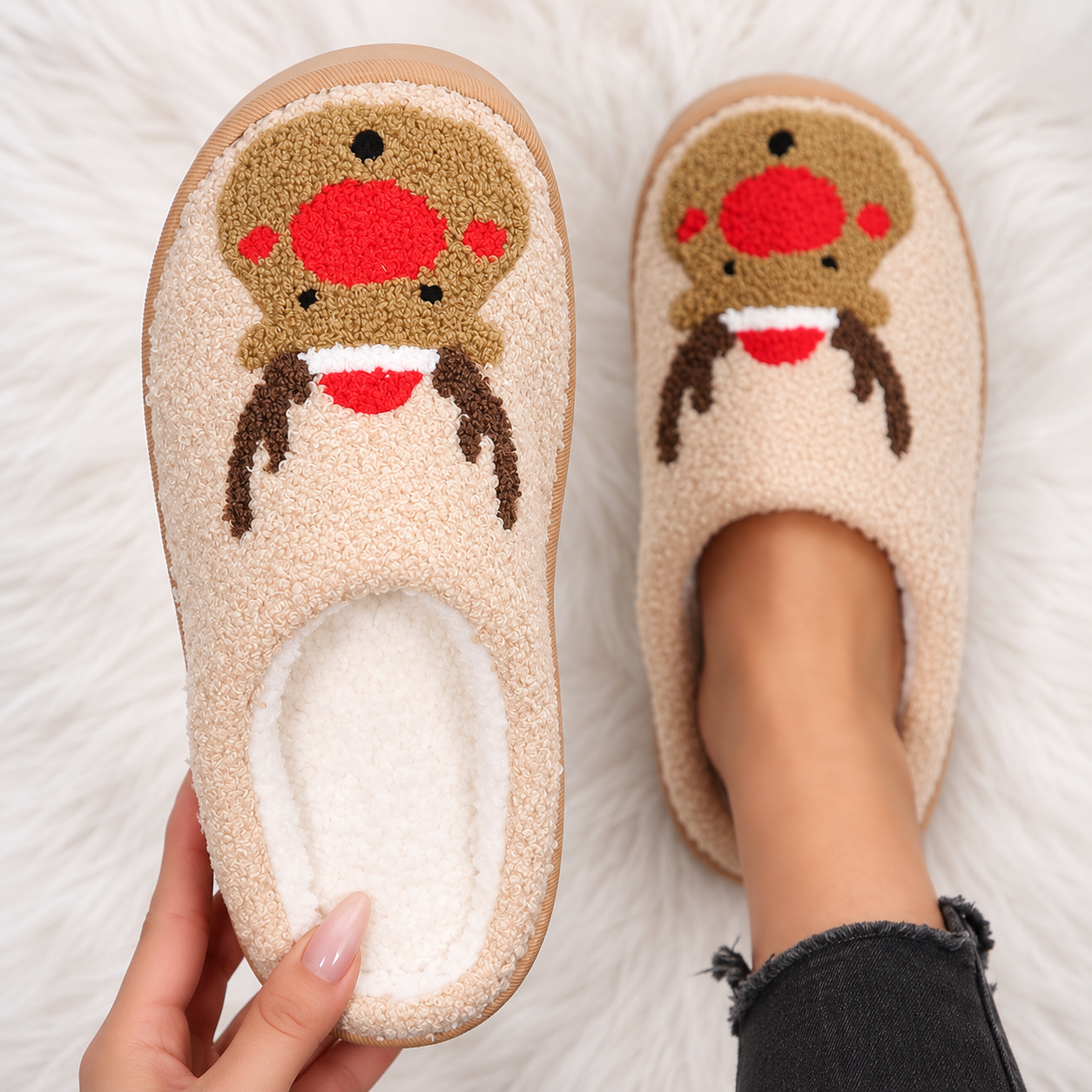 Christmas Reindeer Embroidered Fluffy Fleece Platform House Slippers