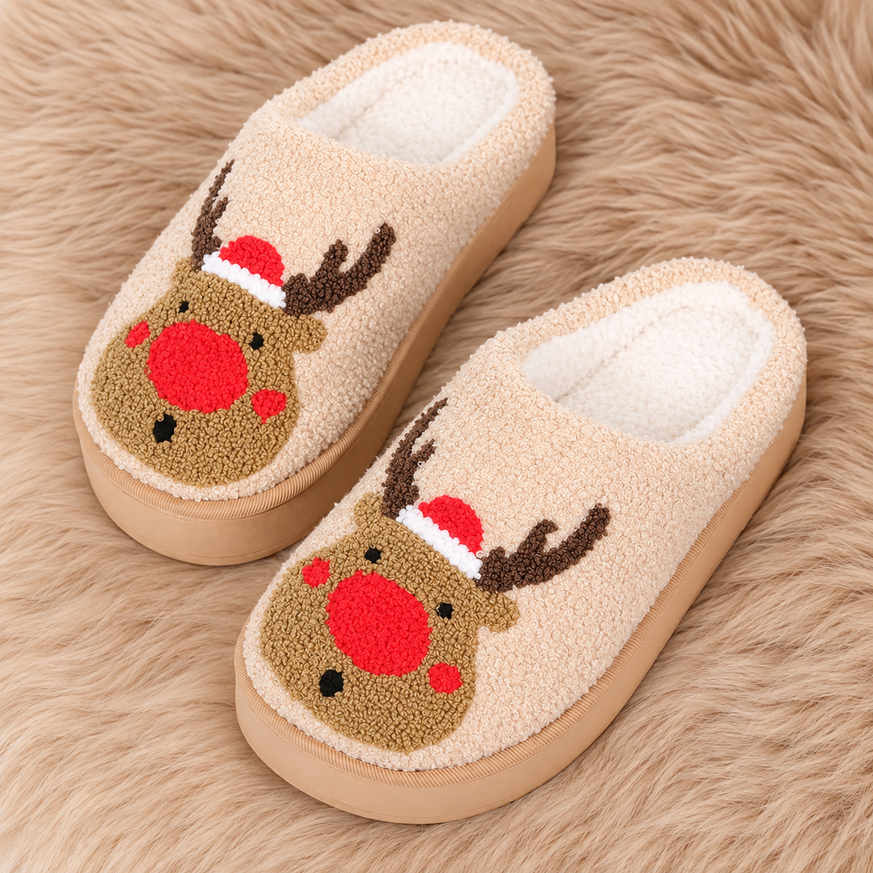 Christmas Reindeer Embroidered Fluffy Fleece Platform House Slippers