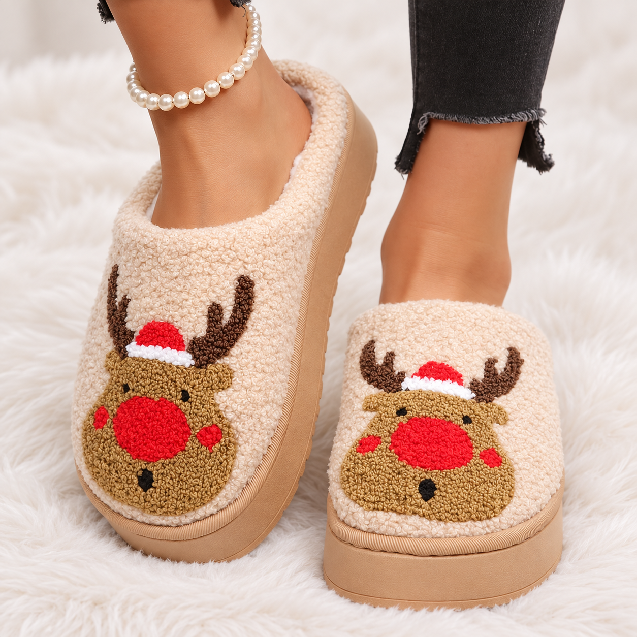 Christmas Reindeer Embroidered Fluffy Fleece Platform House Slippers