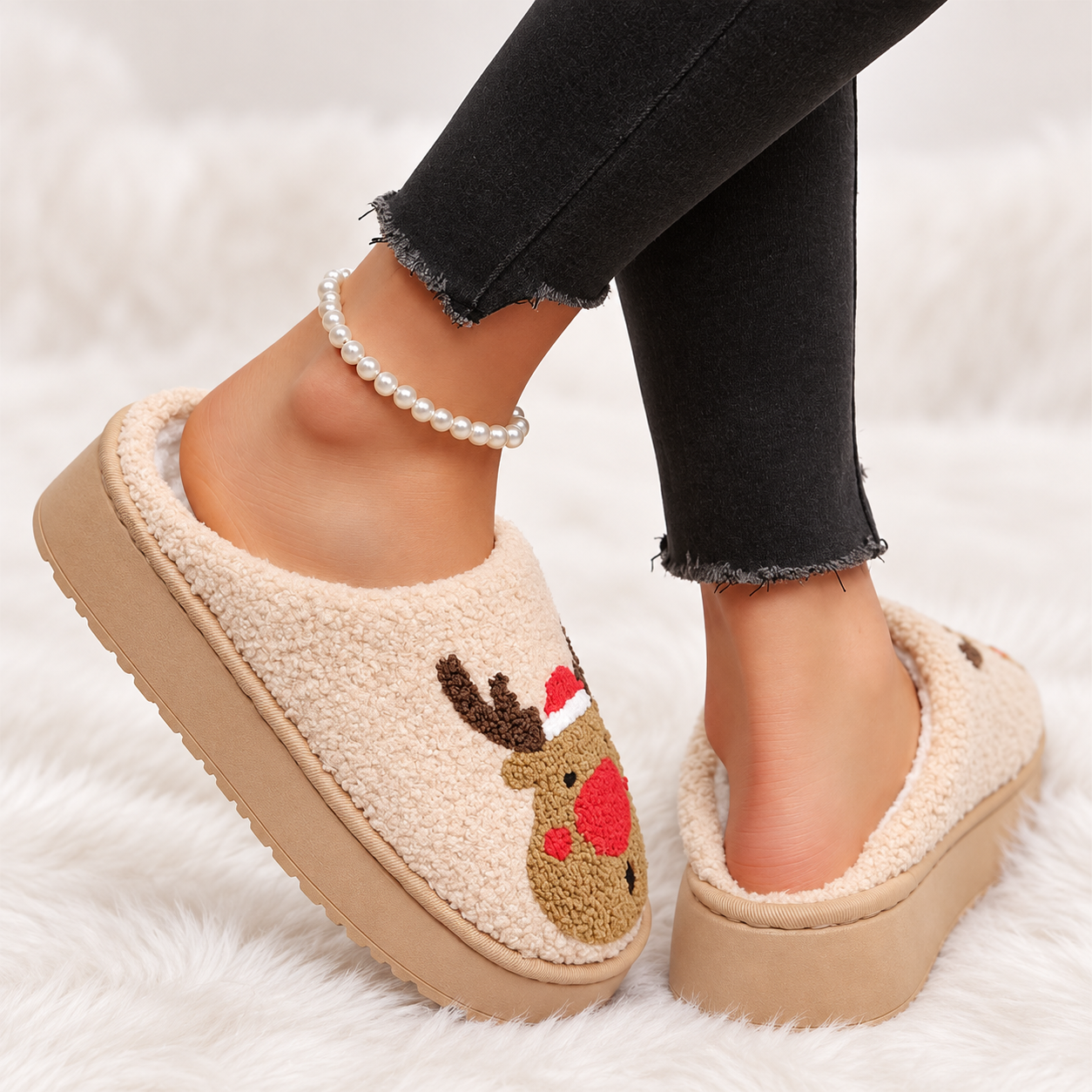 Christmas Reindeer Embroidered Fluffy Fleece Platform House Slippers