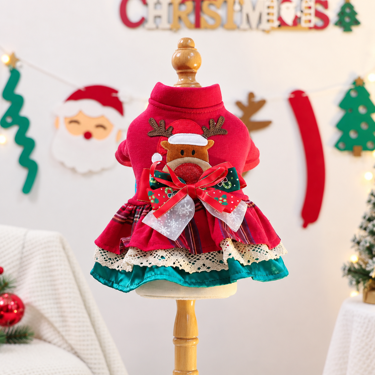 Classic Casual Christmas Ruffle Dress For Dogs