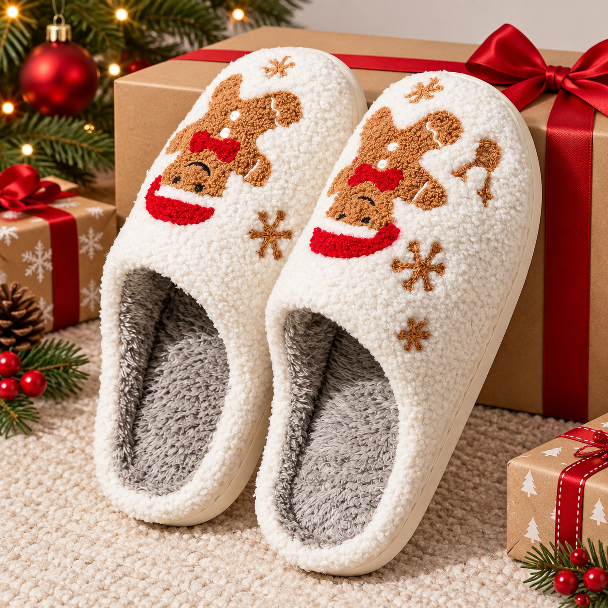 Christmas Gingerbread Cartoon Winter Holiday House Slippers