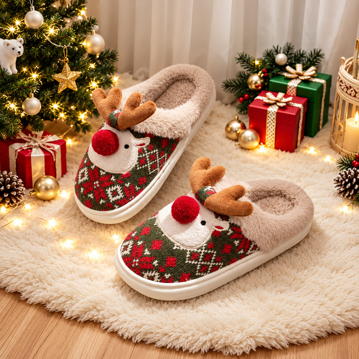 Christmas Reindeer Fluffy Thick Sole Indoor Outdoor Slippers