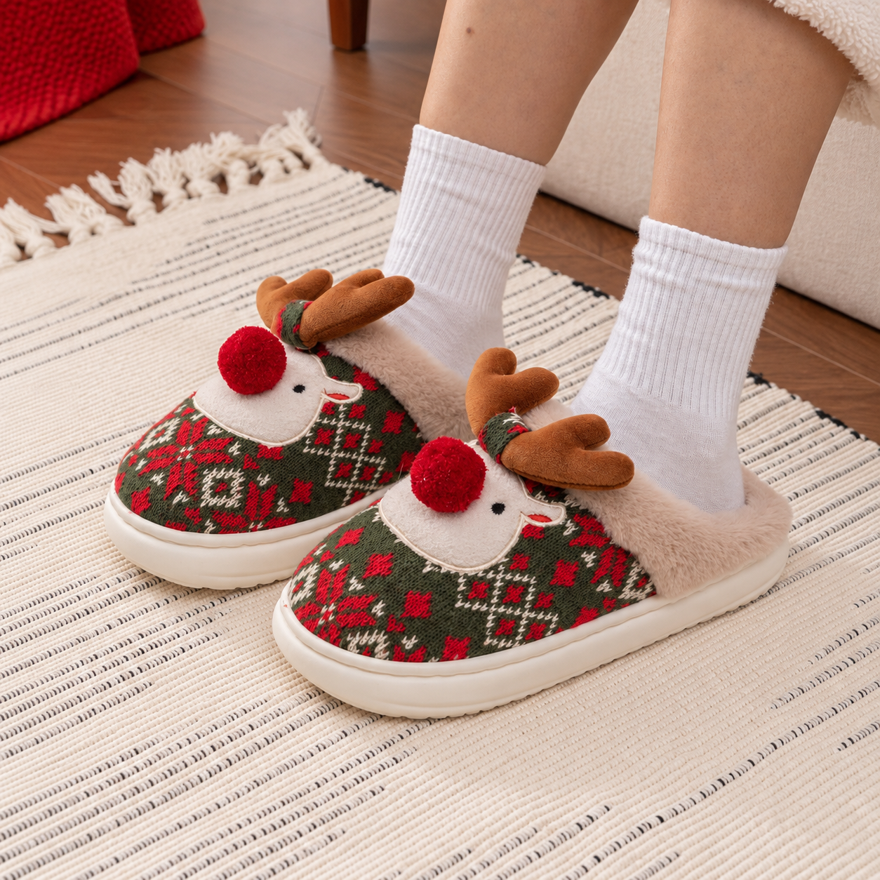 Christmas Reindeer Fluffy Thick Sole Indoor Outdoor Slippers