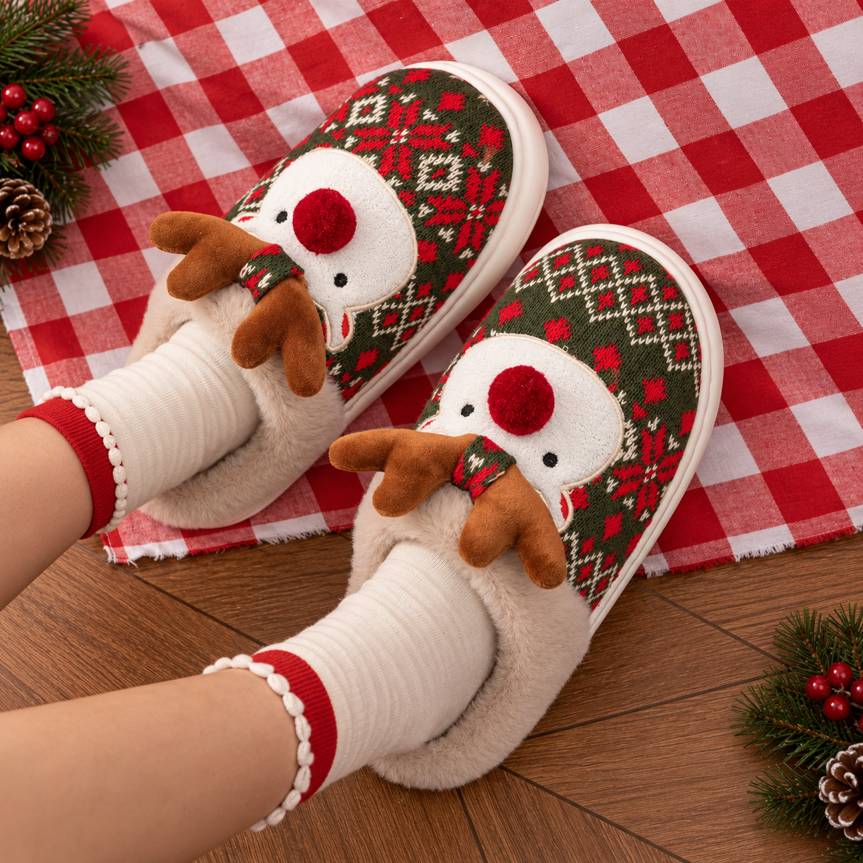 Christmas Reindeer Fluffy Thick Sole Indoor Outdoor Slippers