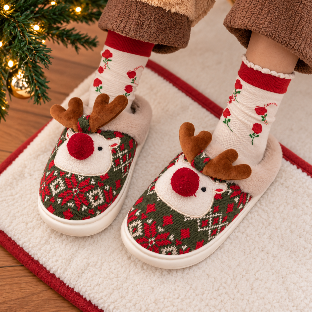Christmas Reindeer Fluffy Thick Sole Indoor Outdoor Slippers