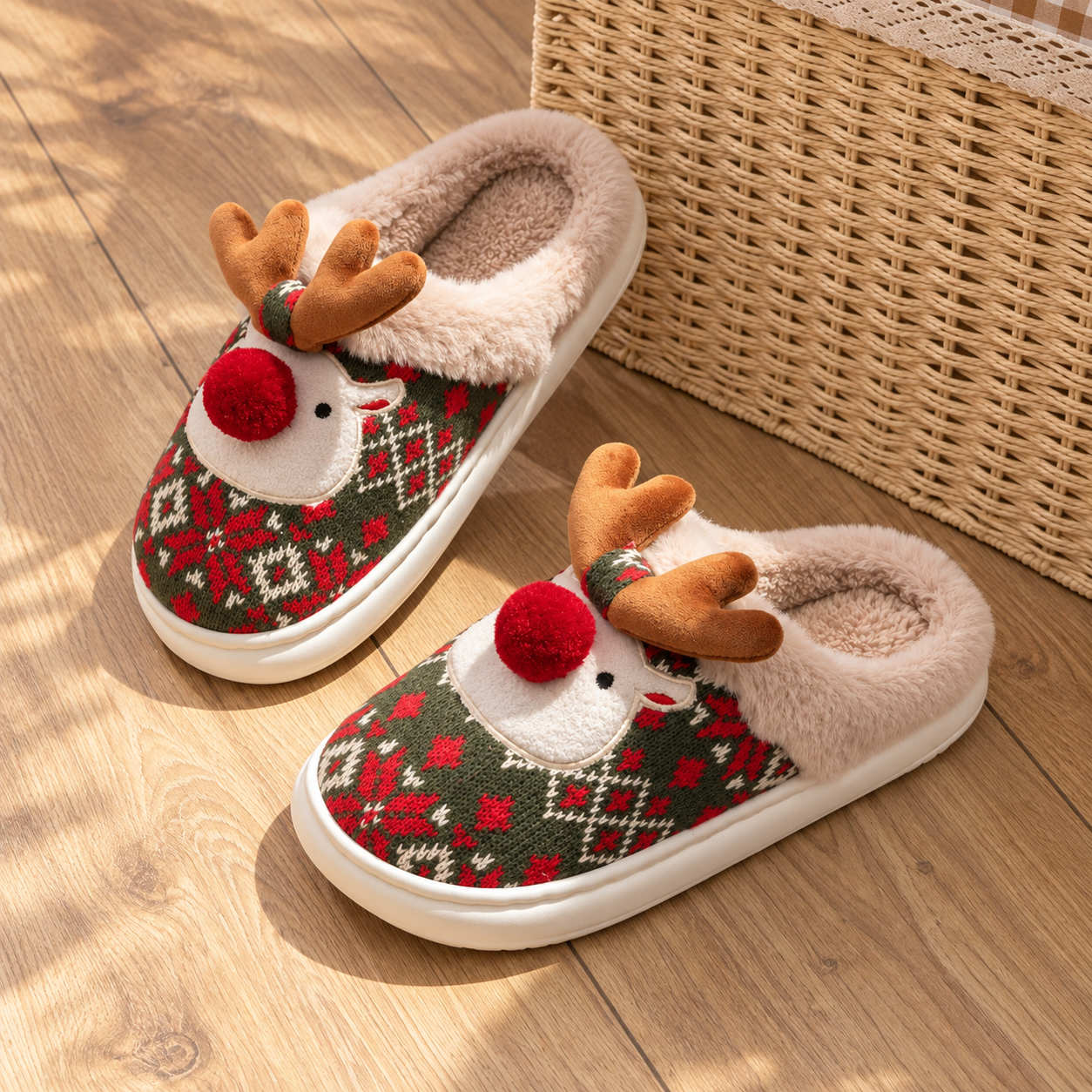 Christmas Reindeer Fluffy Thick Sole Indoor Outdoor Slippers