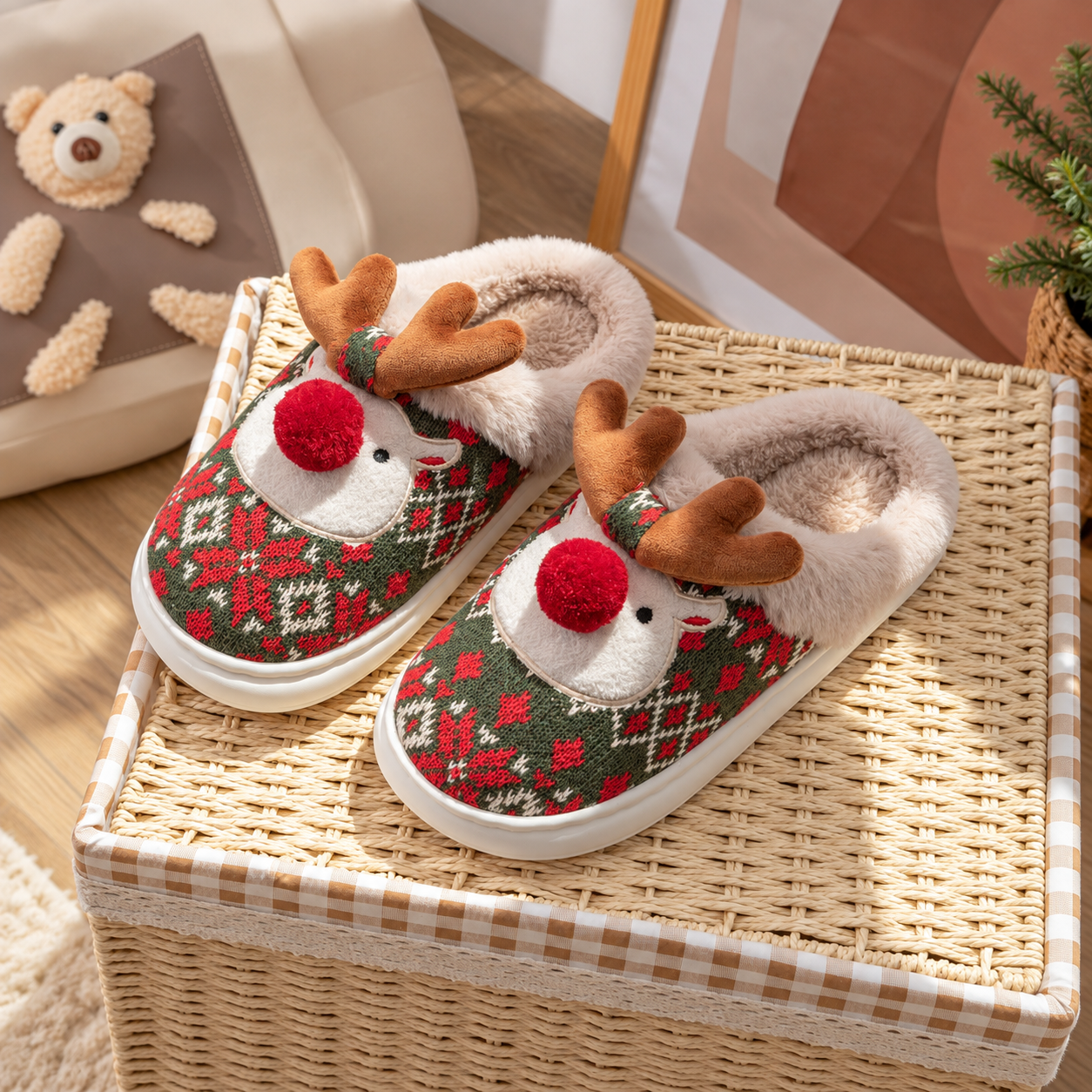 Christmas Reindeer Fluffy Thick Sole Indoor Outdoor Slippers