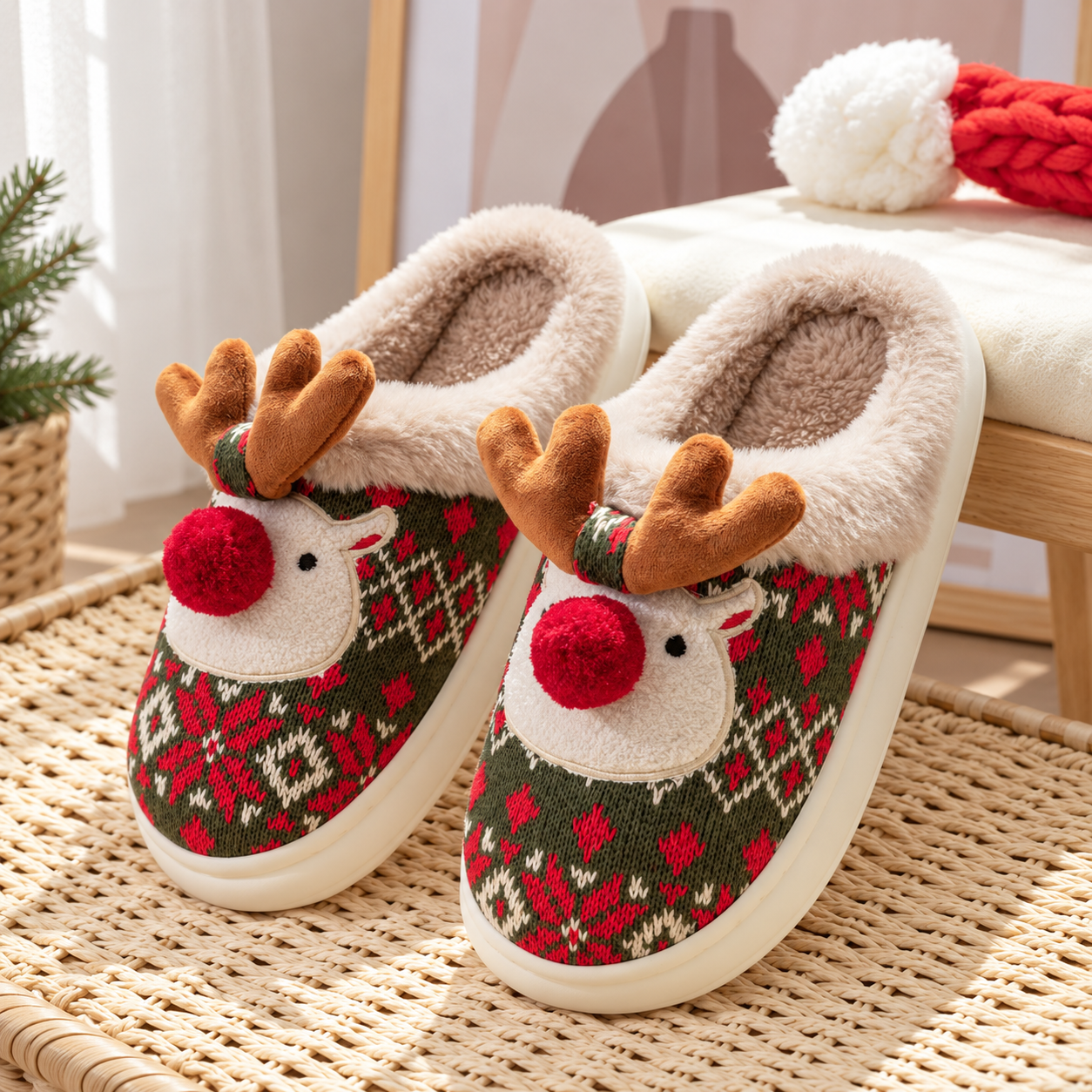 Christmas Reindeer Fluffy Thick Sole Indoor Outdoor Slippers