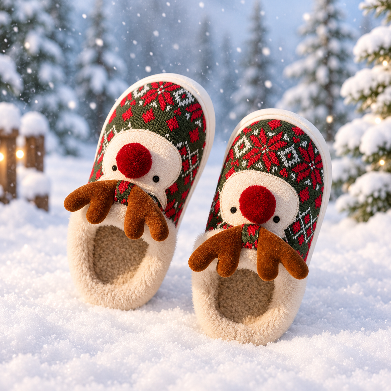 Christmas Reindeer Fluffy Thick Sole Indoor Outdoor Slippers