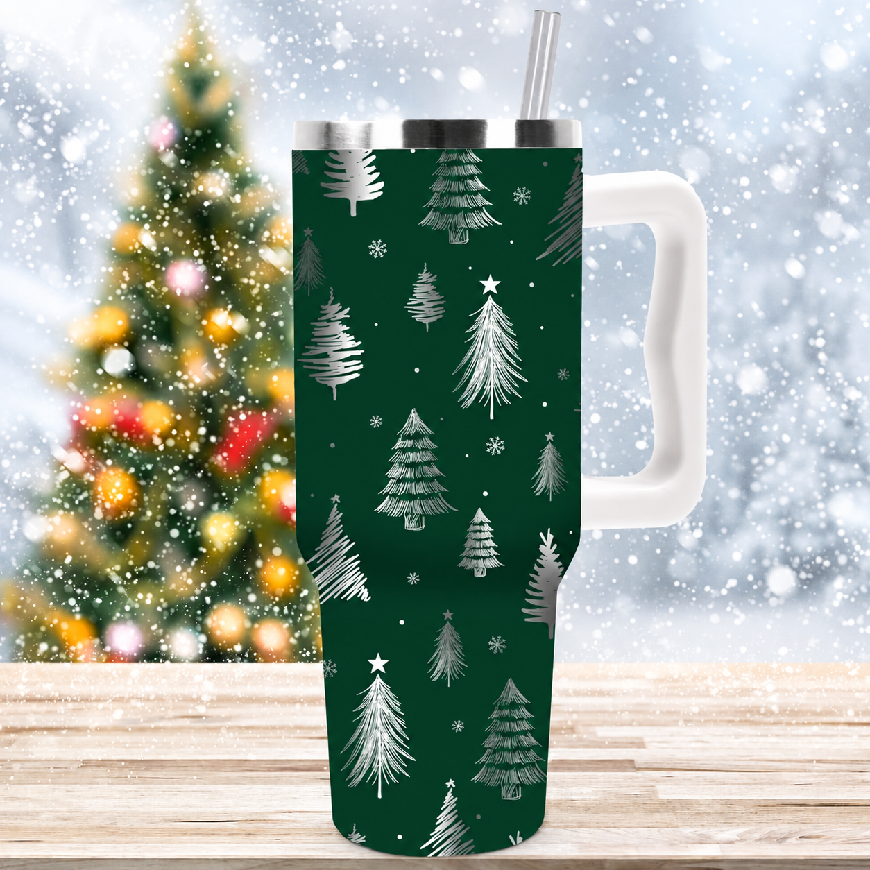 40 oz Christmas Tree Stainless Steel Tumbler with Lid and Straw