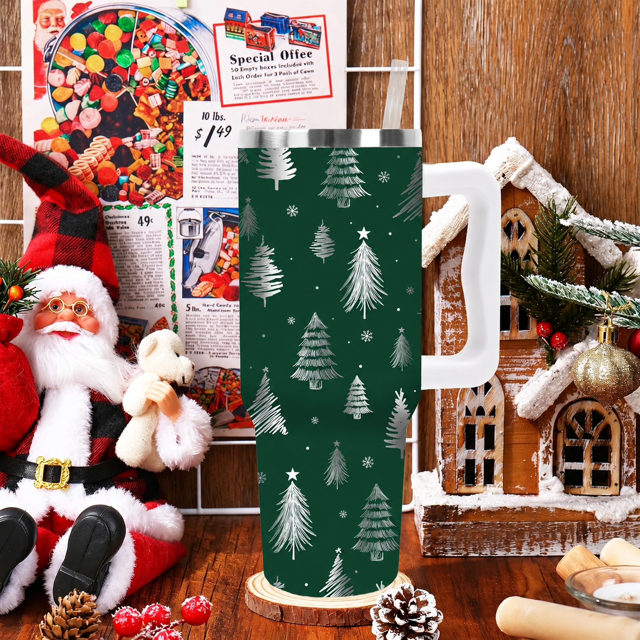 40 oz Christmas Tree Stainless Steel Tumbler with Lid and Straw