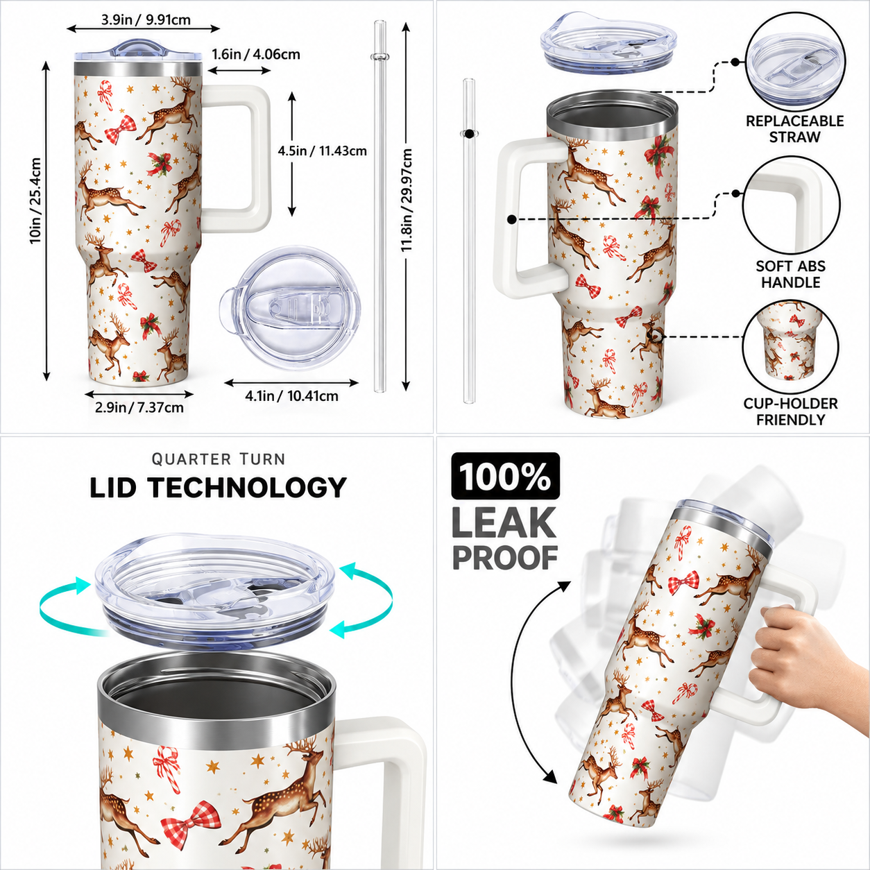 40 oz Christmas Reindeer Star Insulated Tumbler with Handle and Straw