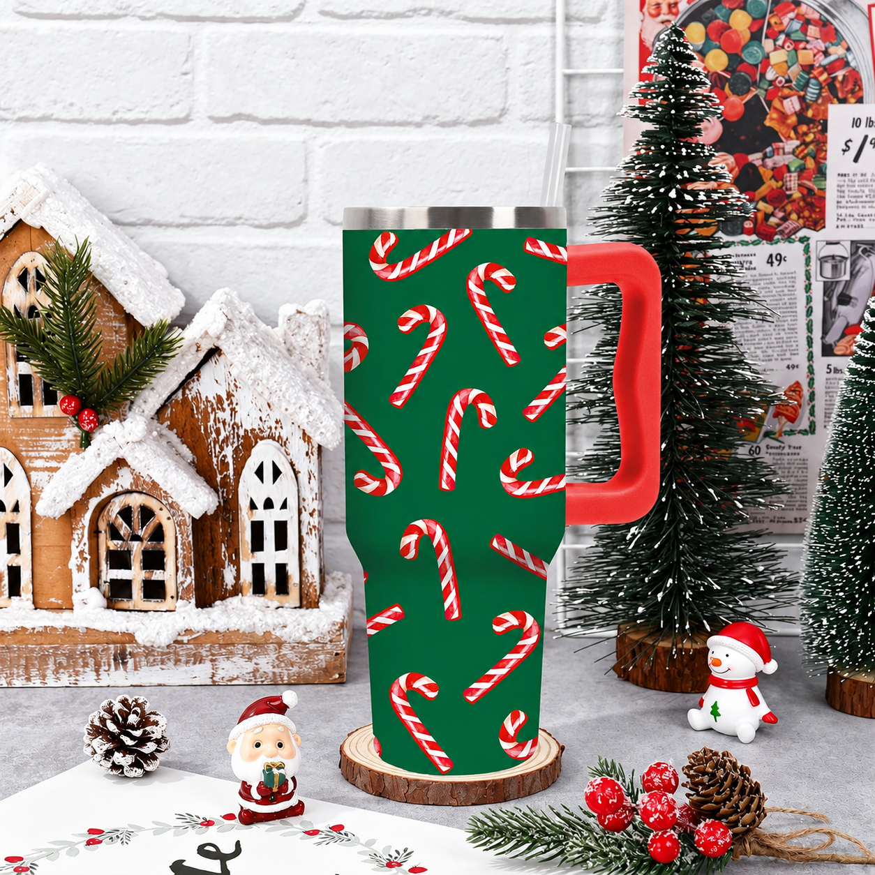 40 oz Christmas Candy Cane Stainless Steel Insulated Tumbler with Straw