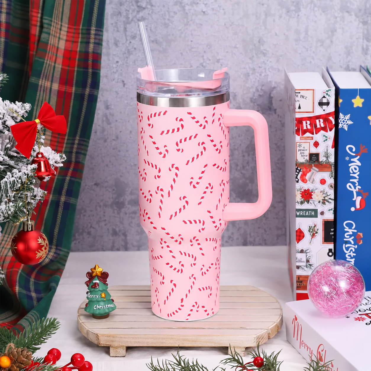 40 oz Christmas Candy Cane Travel Tumbler with Handle Lid and Straw