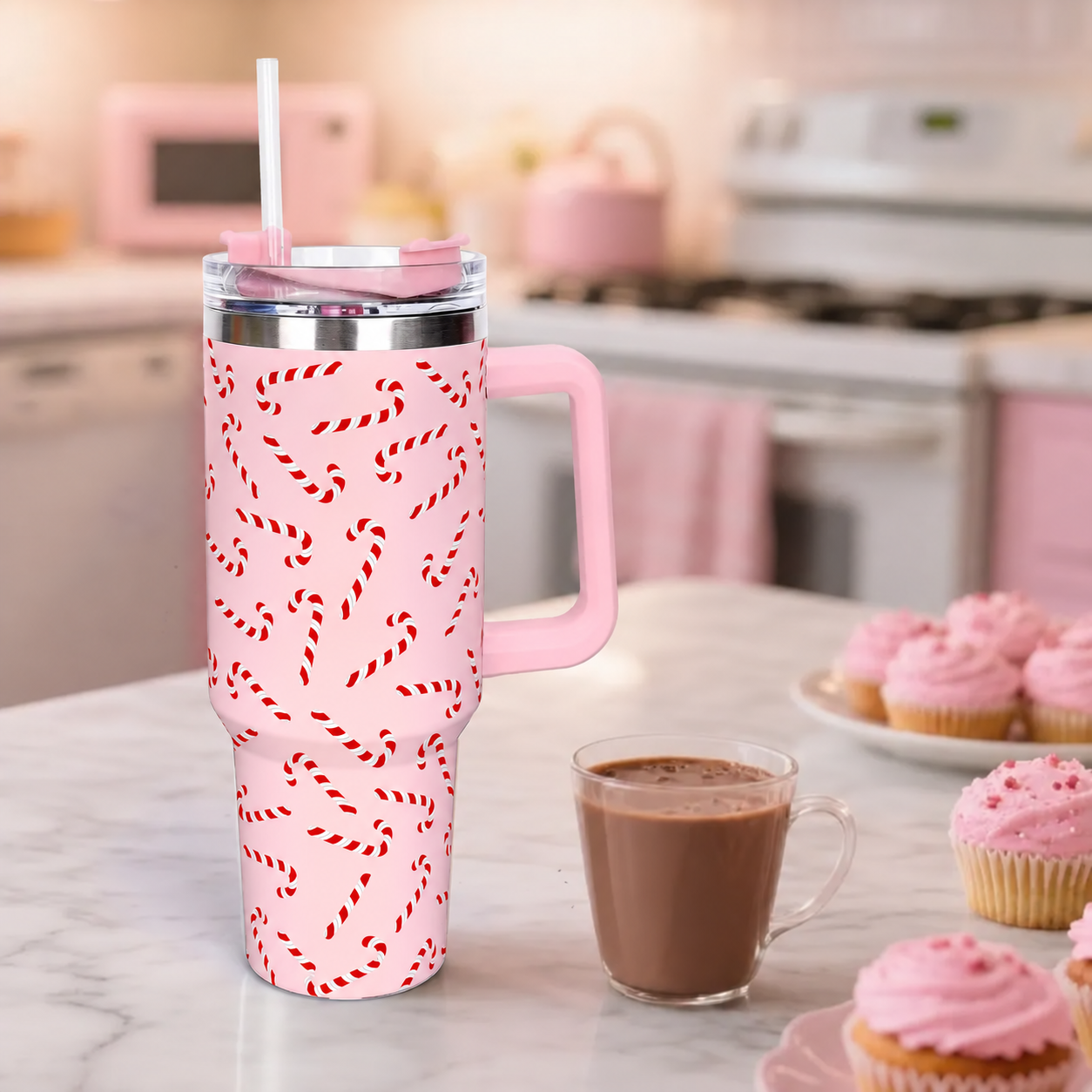 40 oz Christmas Candy Cane Travel Tumbler with Handle Lid and Straw