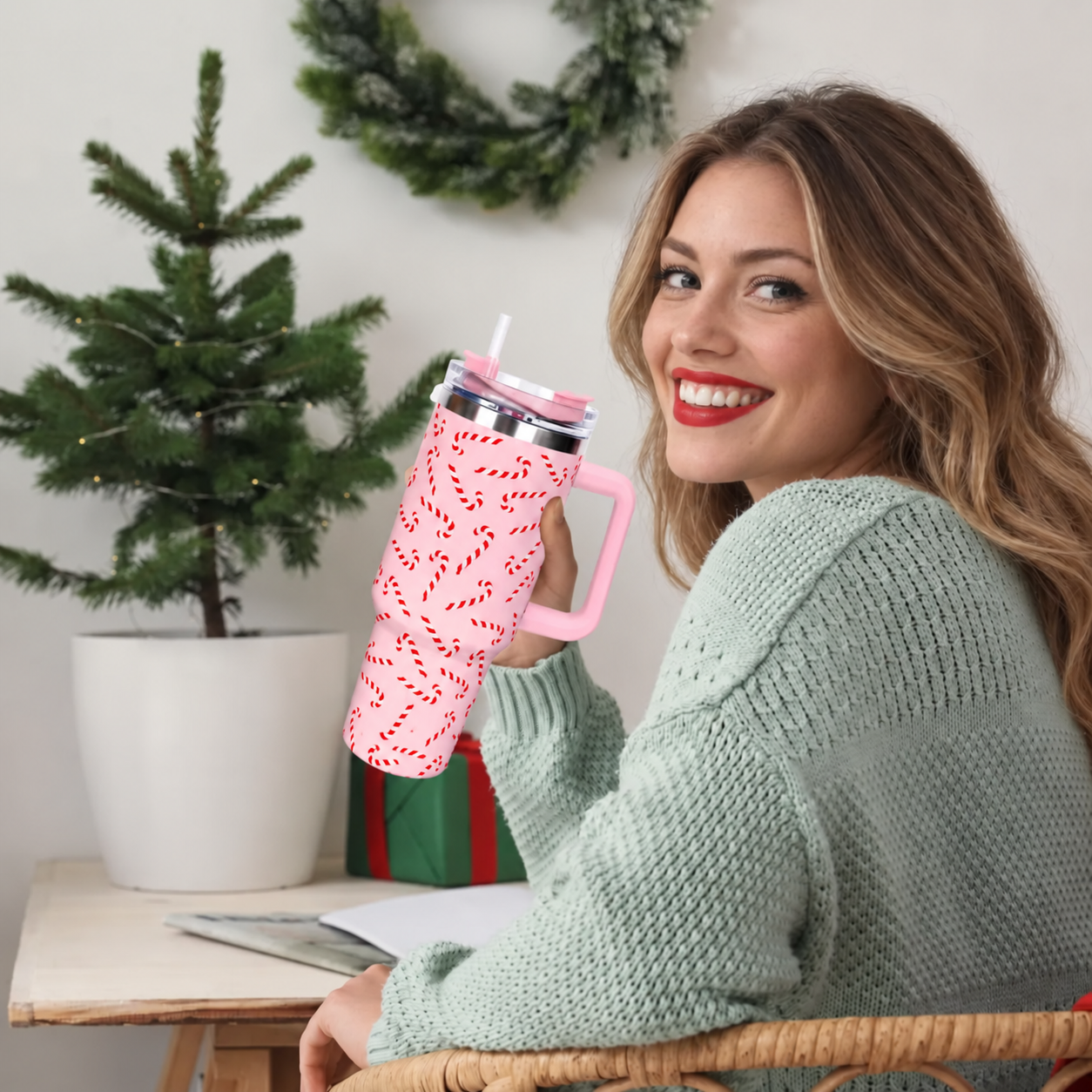 40 oz Christmas Candy Cane Travel Tumbler with Handle Lid and Straw