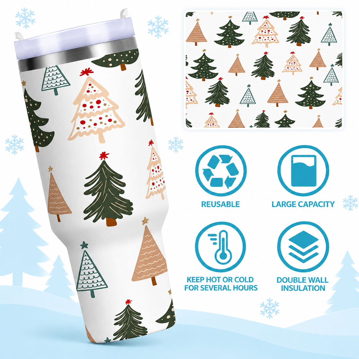 Christmas Tree Insulated Tumbler with Handle Lid and Straw