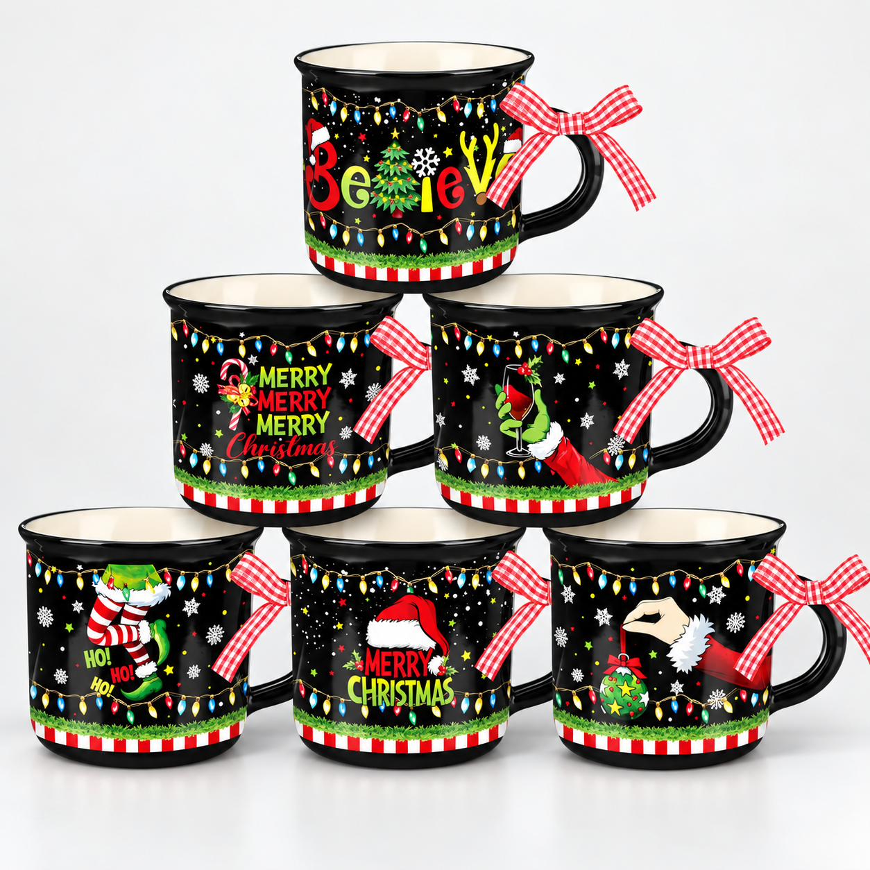 6 Pieces Mini Christmas Coffee Mugs With Ribbons For Men And Women