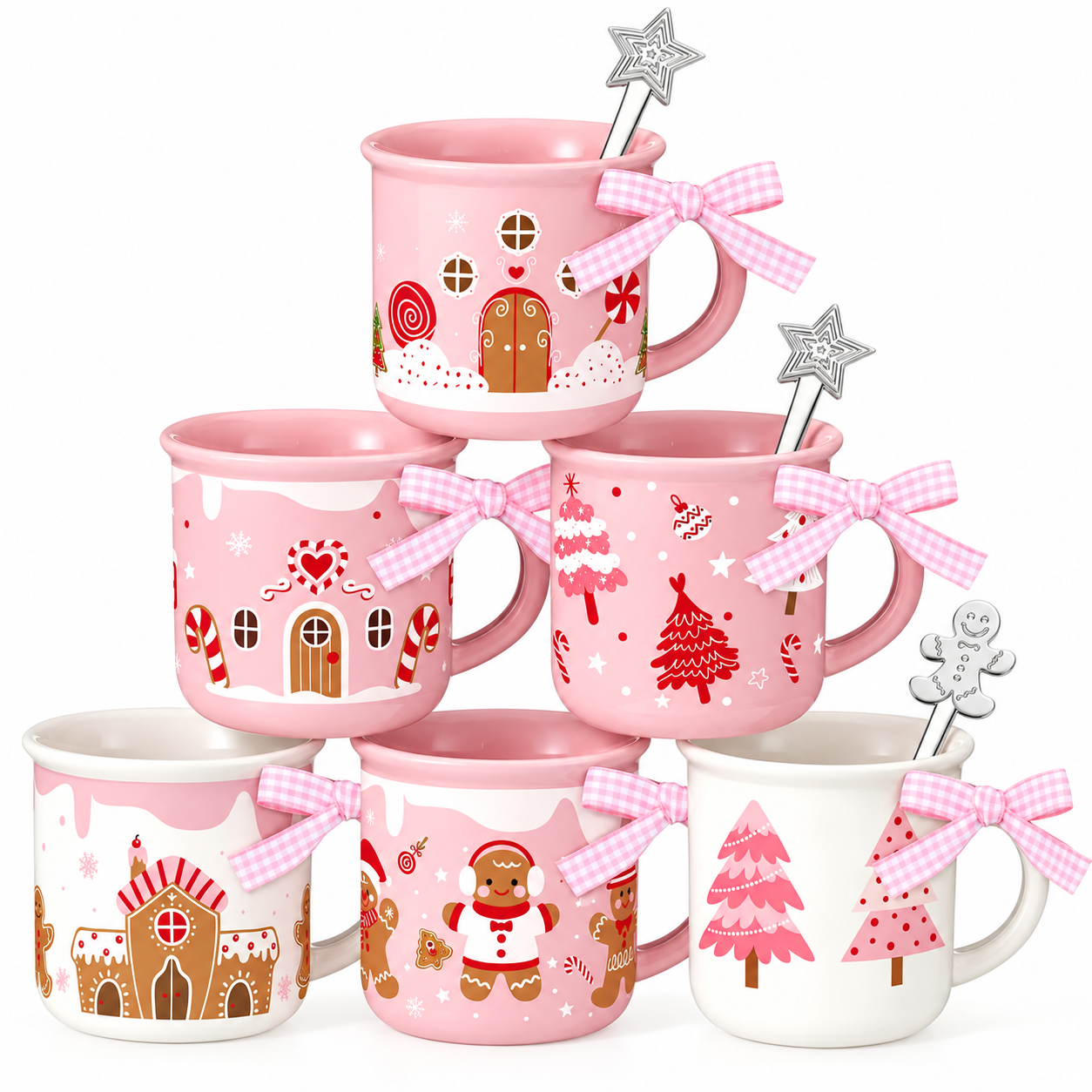 6 Pieces Mini Christmas Coffee Mugs With Ribbons For Men And Women