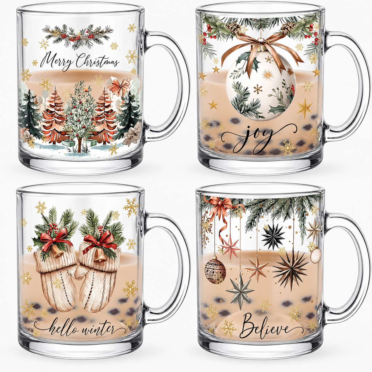 4 Pieces Christmas Glass Coffee Mugs